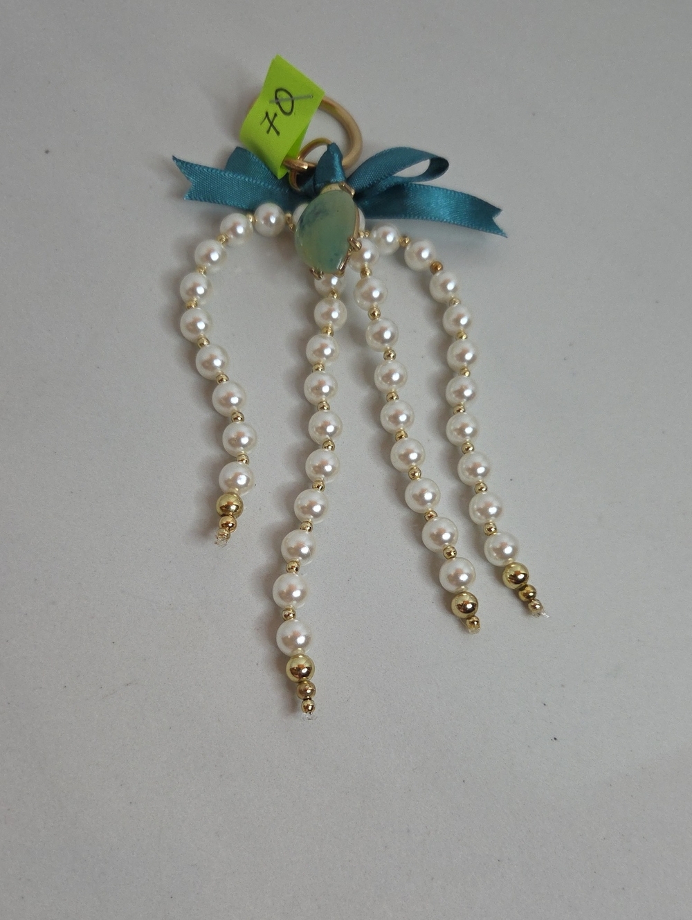 70 - Pearl and Gold Drop Bag Charm with Teal Ribbon